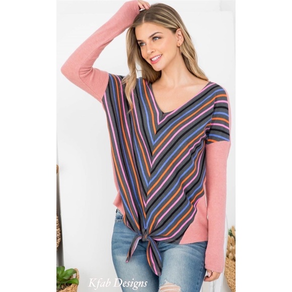 ❤️LAST ONE! Luxe V Neck Pink Color Block Soft Multi Color Striped Tie Front Top! - Picture 3 of 6